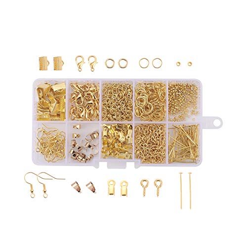 Pandahall Golden Jewelry Beading Starter Kits with Brass Crimp End Caps and Jewelry Findings for Bracelet Necklace Earring Making Repairing - color: Golden