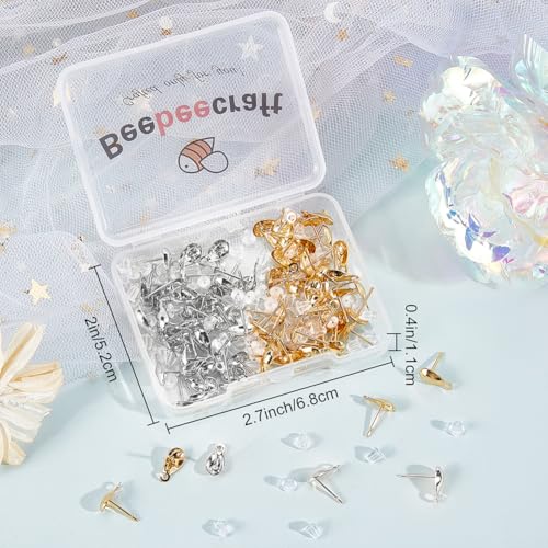 Beebeecraft 1 Box 100Pcs Stud Earring Findings 18K Gold Plated 304 Stainless Steel Teardrop Earrings Studs Findings with Horizontal Loops Ear Nuts for DIY Jewelry Making (Gold, Silver) - color: Gold & Stainless Steel