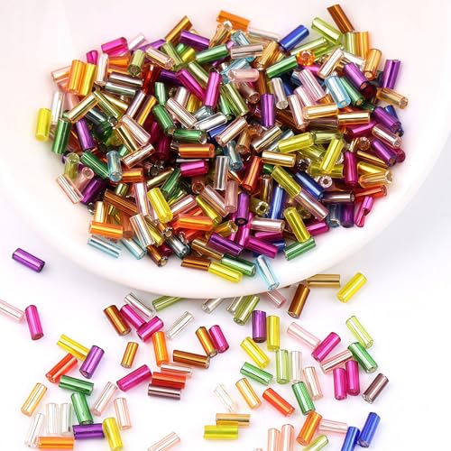 2000Pcs Tube Seed Beads 2x7mm Mini Long Glass Bugle Bead Small Craft Loose Spacer Beads for DIY Phone Charms Waist Bead Bracelets Earrings Necklaces (Mixed Color) - color: Mixed Color