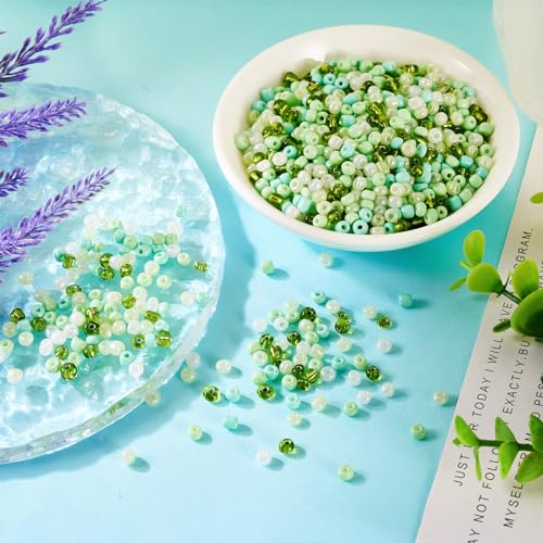 Pandahall 100 Gram 6/0 Round Seed Beads - 4mm Tiny Glass Seed Beads in Green & White, Perfect for Jewelry Making - color: Green Theme, size: 6/0