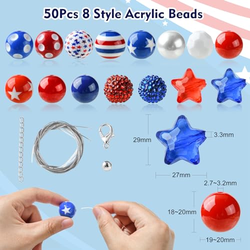 DanLingJewelry 50Pcs Random 20mm Acrylic Round Beads Independence Day Acrylic Beads Red White Blue Spacer Beads for Crafts Jewelry Making - color: 50pcs - Independence Day