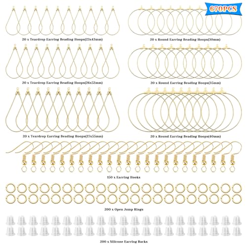 K Gold 670Pc Earring Making Kit with 120 Hoops, 150 Hooks, 200 Jump Rings, 200 Backs for DIY Jewelry - color: 670Pcs-K Gold