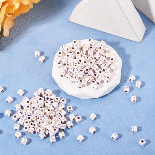 FASHEWELRY 500Pcs White Golden Letter Beads 4.5mm Square Alphabet Beads Acrylic Cube Letter L Beads for Friendship Bracelet Necklace Keychains Jewelry Making - color: Letter L