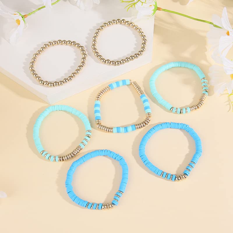 Pingyongchang Heishi Gold Beaded Bracelets Set for Women Men Bohemian Polymer Clay Colorful Surfer Vinyl Disc Stretch Layering Stackable Friendship Boho Bracelet Summer Beach Jewelry Gifts - color: Blue