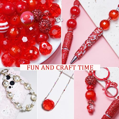 106Pcs 20mm Beads for Pens Making with Rondelle Spacer Beads Red Acrylic Focal Bubblegum Bead Crystal Round Sparkly Chunky Bead for Pens Beadable Keychain Necklace DIY Craft Jewelry Making Supplies - color: Red