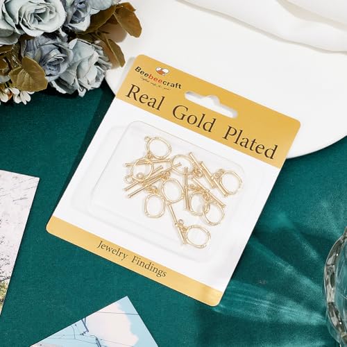 Beebeecraft 1 Box 10 Sets Toggle Jewelry Clasp Sets Real 18K Gold Plated Brass Oval T Bar Ring Links Closure End Clasps Connectors for Jewelry Making Necklaces Bracelets Supplies DIY Crafts