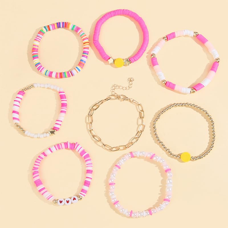 COLORFUL BLING 5-12Pcs Bohemian Love Heart Bead Bracelets for Women Vinyl Disc Heishi Surfer Stackable Stretch Bracelet Summer Beach Boho Jewelry - color: 8pcs pink face