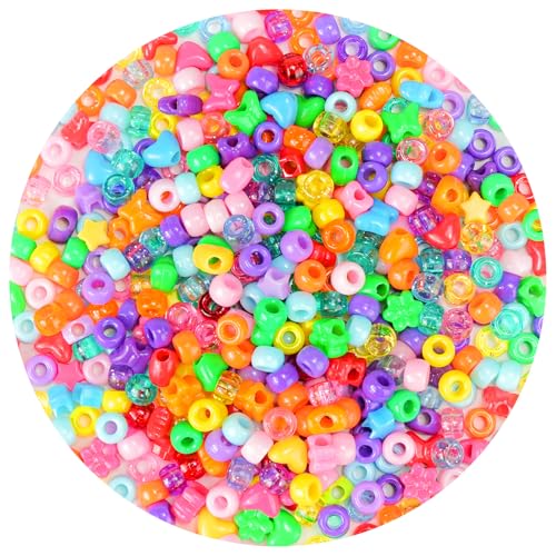 Rainbow Pony Beads Mix Shape 1000pcs Party Stocking Stuffers, Hearts Flowers Stars Butterflies Assorted Bead Charms Set, Colorful Craft Beads for Bracelets Jewelry Making Art Projects - color: Rainbow Charms