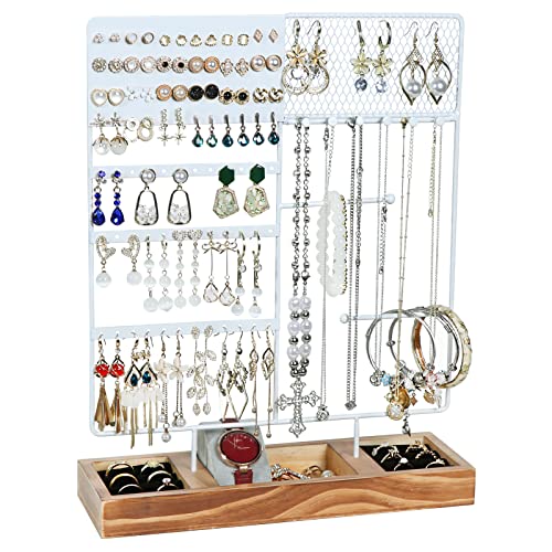 sovia Jewelry Organizer Stand,Earring Organizer with 84 Holes Ear Stud,Jewelry Organizer Holder with Wooden Tray for Earrings Necklaces Bracelets Watches and Rings,Earring Holder Organizer,White - color: White1
