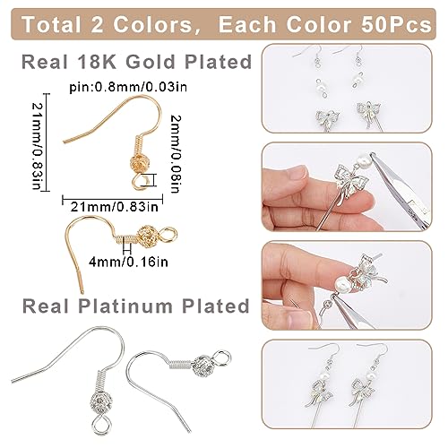 SUNNYCLUE 1 Box 100Pcs Earring Hooks Real 18K Gold Plated Brass Ear Wires Platinum Plated Earring Fish Hooks with Filigree Ball French for Jewelry Making Kit Hypoallergenic Supplies - color: 100pcs 18k Gold & Platinum Plated Earring Hooks With Filigree Ba