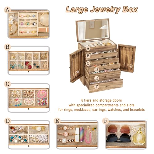 Emfogo Wooden Jewelry Box for Women, 6-Tier Large Jewelry Organizer Boxes with Mirror Rustic Solid Wood jewlery Storage Display for Rings Earrings Necklaces Bracelets watches(Carbonized Black)