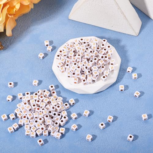 FASHEWELRY 500Pcs White Golden Letter Beads 4.5mm Square Alphabet Beads Acrylic Cube Letter K Beads for Friendship Bracelet Necklace Keychains Jewelry Making - color: Letter K