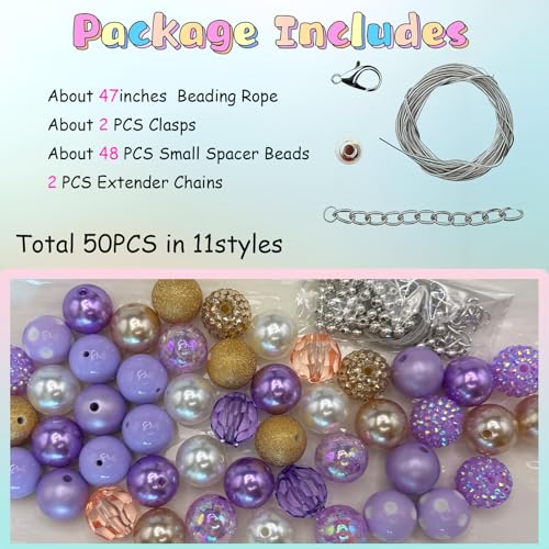 50PCS Bubblegum Beads 20mm，Large Beads for Jewelry Making，Round Circle Chunky Bead for Craft Pen Keychain Bracelets, beadable for Dog cat Collar Necklace (Mixed Gold/Purple/White) - color: Mixed gold/purple/white
