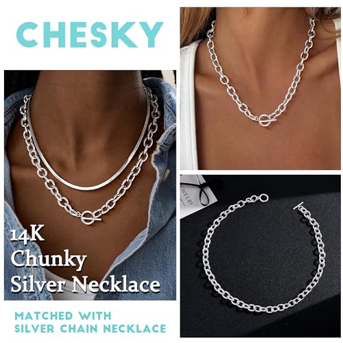CHESKY 14K Gold Plated Chunky Necklace for Women, Trendy Paperclip Chain Necklace Thick Cross Heart Pendant Necklace Layered Herringbone Cuban Link Chain Toggle Necklaces Non Tarnish Jewelry - color: silver, style: paperclip