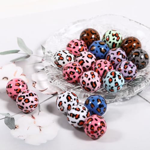 15Pcs Acrylic Beads Round 16mm Leopard Print Fit for DIY Jewelry Bracelet Necklace Keychain Beadable Pens Mobile Phone Chain Making Cute (Leopard Print-Mixed Color) - color: Leopard Print-Mixed color