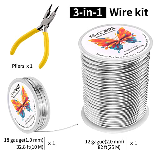 Aluminum Craft Wire 12 Gauge(2.0mm)–82 Feet(25M)+18 Gauge (1.0mm) 32.8Ft (10M) + Pliers – Bendable Metal Wire for Sculpting, Armature, Jewelry Making, DIY Crafts (Silver) - size: 12Gauge, style: Silvery