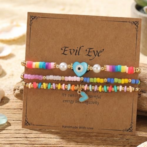 Evil Eye Heart Charm Stackable String Rope Colorful Beaded Bracelets Set For Women, Boho Handmade Adjustable Protection Lucky Gold Jewelry, Daily Party Friendship Gift - color: Pink