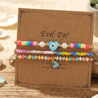 Evil Eye Heart Charm Stackable String Rope Colorful Beaded Bracelets Set For Women, Boho Handmade Adjustable Protection Lucky Gold Jewelry, Daily Party Friendship Gift - color: Pink