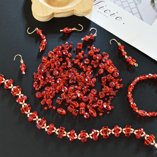 1500 Pcs Crystal Glass Beads for Jewelry Making – 12 Styles Bicone, Rondelle, Cube, Teardrop & 3mm Spacer Beads, DIY Bracelet Necklace Earring Craft Kit with Organizer Box(Red) - color: Red