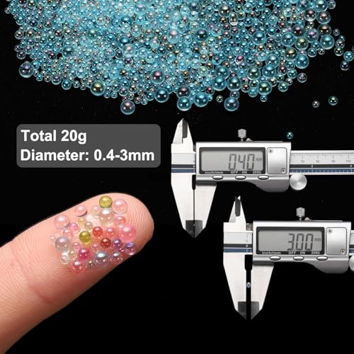 Iridescent Glass Tiny Bubble Beads, 0.4-3mm 20g No Hole Micro Mini Round Lake Blue Water Droplets Beads - Applications: for Resin Filler, Nail Art, Dollhouse Bath Tub, 2-Pieces - color: Lake Blue, size: φ0.4-3mm