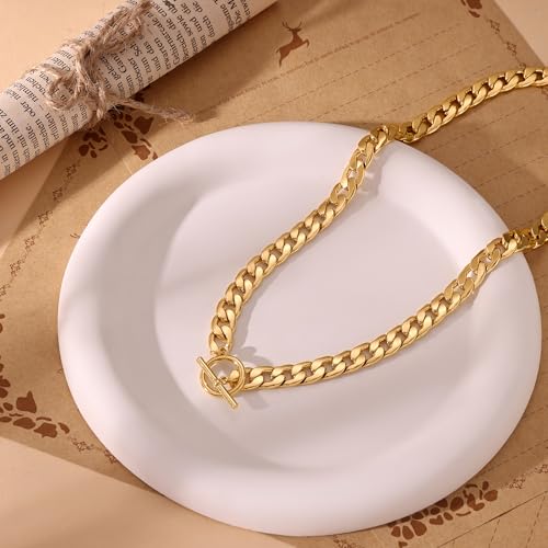 CHESKY 14K Gold Plated Chunky Necklace for Women, Trendy Paperclip Chain Necklace Thick Cross Heart Pendant Necklace Layered Herringbone Cuban Link Chain Toggle Necklaces Non Tarnish Jewelry - color: gold, style: cuban