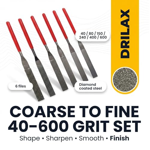 Drilax 6-Pc Diamond File Set, Flat Hand Files (40–600 Grit) Heavy-Duty Diamond Sharpening & Finishing Tools for Glass, Jewelry, Stone, Metal Precision Craft Files for DIY, Workshop & Professional Use