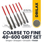 Drilax 6-Pc Diamond File Set, Flat Hand Files (40–600 Grit) Heavy-Duty Diamond Sharpening & Finishing Tools for Glass, Jewelry, Stone, Metal Precision Craft Files for DIY, Workshop & Professional Use
