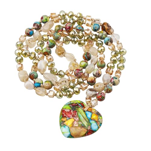 Long Necklaces for Women Boho, Oval Waterdrop Turquoise Pendant, Natural Stone Beaded, Handmade,Vintage & Elegance, Boho Fashion Charm Beaded Necklace for Women - style: E-Jasper Pendant
