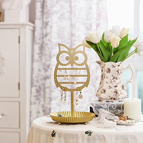 NIKKY HOME Earring Holder Hanging Organizer Stand Metal Jewelry Tree Table Top Owl Ear Stud Holder Tower Rack with Ring Tray for Girls (134 Holes), Gold - color: Gold