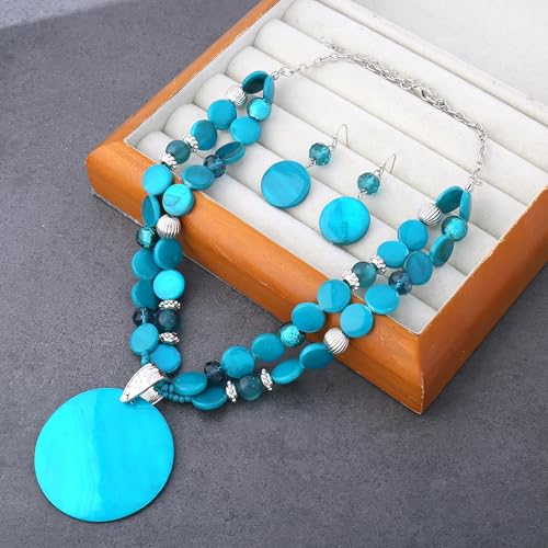 Layered Beads Statement Fashion Necklace Chunky Jewelry Set Big Colorful Glass Stone Circle Shell Pendant Choker Necklace and Earring Set for Women - color: teal green