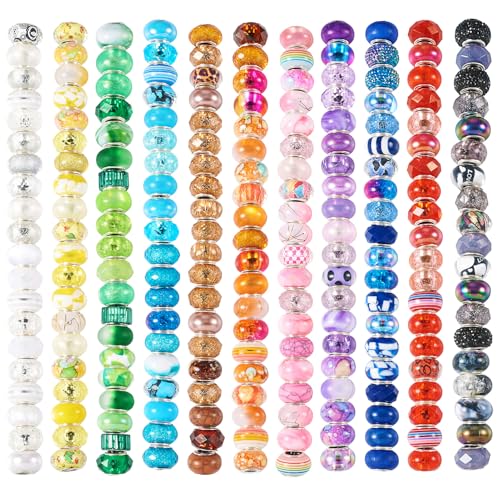 Beadthovne 220Pcs Assorted European Large Hole Beads for Bracelets, Mix Fairy Wands Beads Rondelle Resin Rhinestone Charm Craft Beads Bulk for Jewelry Making DIY Pens Charms Bracelet Necklace - color: Assorted Color