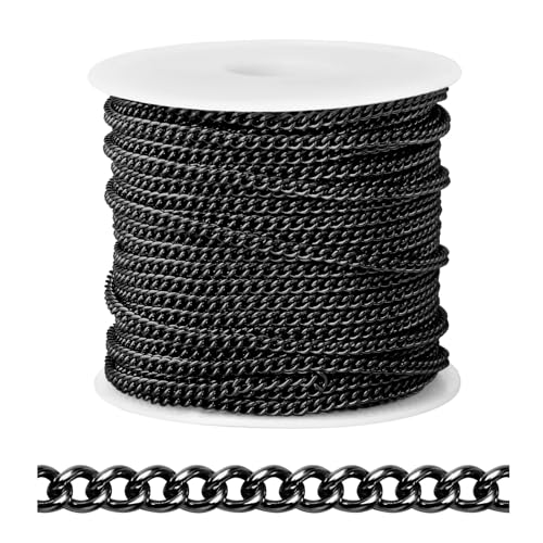 [66 FT] Black Curb Chains Bulk for Jewelry Making, 2mm 304 Stainless Steel Gunmetal Black Flat Twisted Links Curb Chains Roll Spool for Jewelry Making DIY Craft - color: Black Color, size: 2.0mm Width