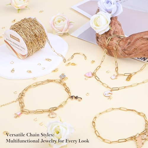 33 Ft 18k Gold Stainless Steel Paperclip Chains Roll - 3mm Width, Gold Plated Chain with Jump Rings & Lobster Clasps - color: 18K Gold Stainless Steel Paperclip Chains 33 Ft
