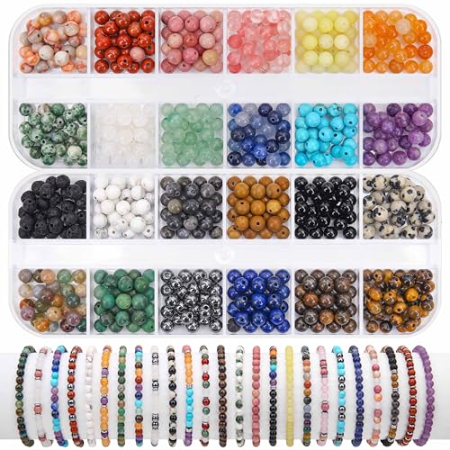 600pcs Natural Round Stone Beads, 4mm Loose Beads for Jewelry Making - Smooth Stone Spacers for Friendship Bracelets, DIY Craft Box - color: 24 Colors, size: 4mm