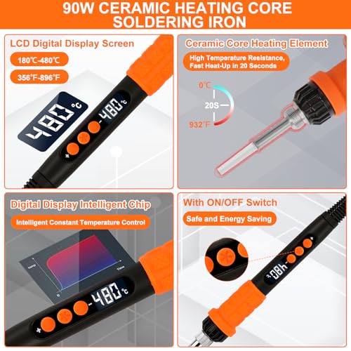 90W Soldering Iron Heat Set Insert Tool, LED Digital Solder Iron Adjustable Temperature(180°C-480°C) with 250Pcs Threaded Inserts Brass Nuts,Soldering Iron Tips,Heat Set Insert Tips,Desoldering Pump - color: 32-in-1 Soldering Iron Kit