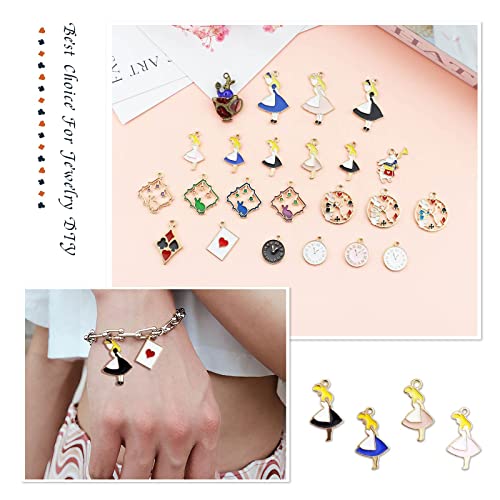 JIALEEY 19PCS Assorted Gold Plated Enamel Alice in Wonderland Wreath Charm Pendant DIY for Necklace Bracelet Jewelry Making and Crafting