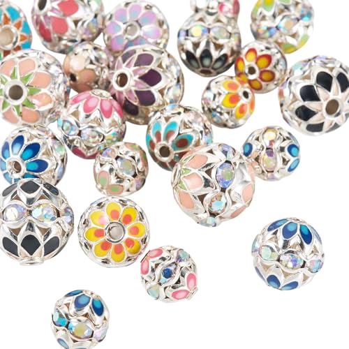 Craftdady 24pcs 8mm 10mm 12mm Round Rhinestone Beads Crystal Silver Rhinestone Bracelet Loose Spacer Beads Dangle Earring Ball Bead for DIY Craft Keychain Jewelry Making - color: Silver