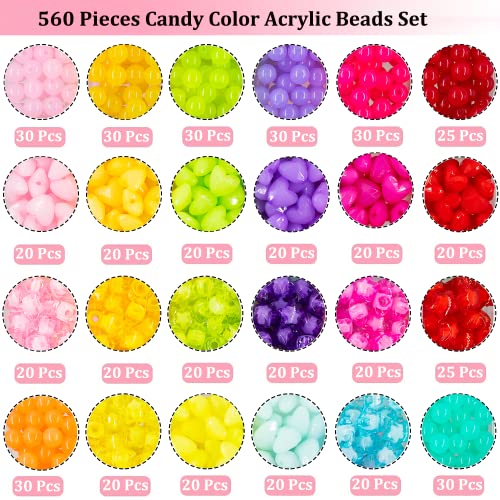 560Pcs Candy Color Pastel Beads Acrylic Heart Beads Stars Beads Colorful Pony Beads Round Beads Cute Loose Plastic Beads Bulk for Jewelry Making DIY Craft Necklace Rainbow Bracelet(Jelly Color Beads)