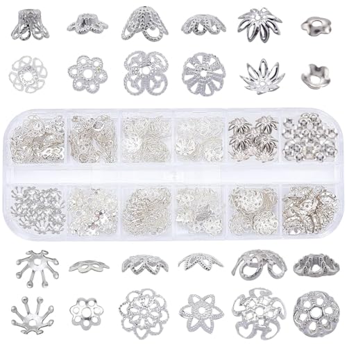 SUNNYCLUE 1 Box 240Pcs 12 Styles Flower Spacer Beads Caps Silver Bead Caps Mixed Tibetan Beads Jewelry Findings for DIY Earring Bracelet Necklace Keyring Making - color: 240pcs Silver