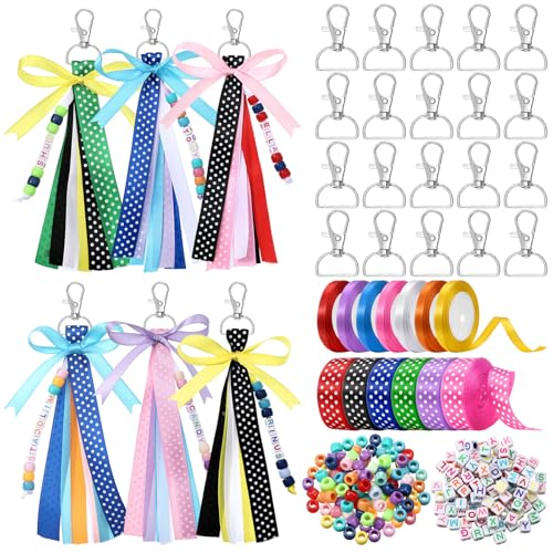 Zeyune 233 Pcs 20 Set DIY Bead Keychain Making Kits Bag Charm Beads Making Craft Ribbon Bow Key Chain Letter Alphabet Keychain Jewelry Accessories for Mothers Day Gifts Jewelry Make Party Favor