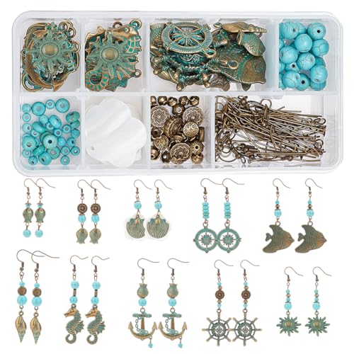 SUNNYCLUE 1 Box DIY 10 Pairs Bohemian Vintage Turquoise Dangle Earrings Set Retro Boho Ocean Theme Jewellery Making Kit Shell Seahorse Charms Hollow Pendants for Adults Earring Jewellery Making - color: Bohemian Style 3