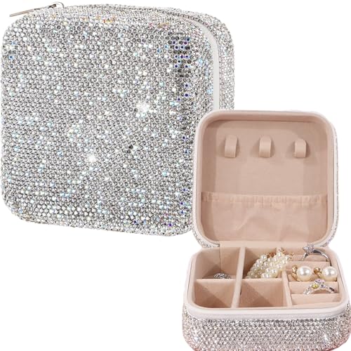 Bling Jewelry Organizer, Travel Jewelry Case Organizer Portable Small Jewelry Storage Box Shining Jewelry Holder Case Gifts for Women Teen Girls and Friends Mother's Days (Silver)