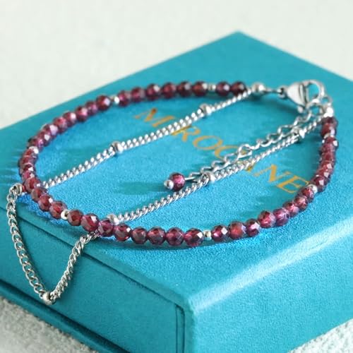 Peridot Stand Silver Gold Bracelets, Handmade Birthstone Stack Bracelet Crystal Gemstones Bead Chain Gift for Women, 8" - color: Silver-01-Jan Garnet