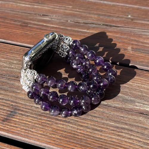 Amethyst Bracelet Compatible for Apple Watch Band 40mm/38mm/41mm Series 9 8 7 SE Series 6/5/4 Women Fashion Natural Gemstone Handmade Stretchy Watch Strap (38mm/40mm/41mm) - size: 38mm/40mm/41mm