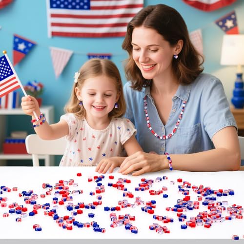 4th of July Polymer Clay Beads, 300pcs Independence Day 250th Anniversary American Flag Red White Blue Spacer Beads for Jewelry Making DIY Bracelet Necklace Craft Patriotic Party Supplies - color: Red White Blue B