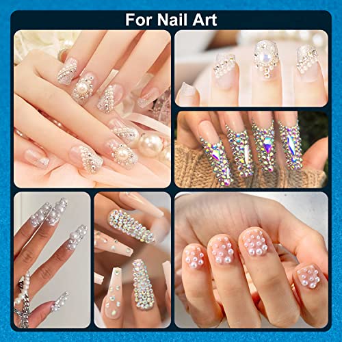 BELLEBOOST Nail Art Rhinestone Glue Gel&2 Boxes Flatback Gems Kit, 1 Tube of 15ml Rhinestone Gel Glue(UV/LED Needed)+Round AB Gems+Flat-Back Half Round White&Beige Pearls with Pickup Tools - color: A11-AB+ White & Beige Pearls