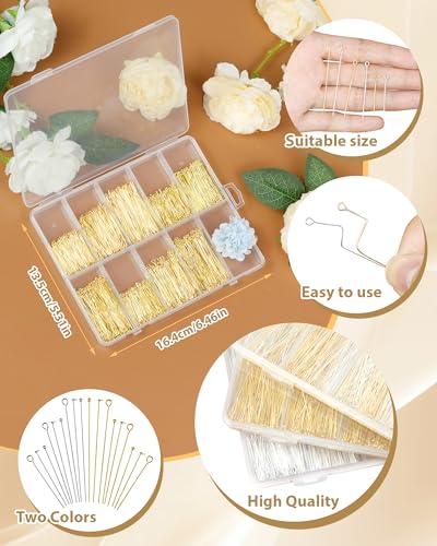 FIVEIZERO 900 PCS Eye Pins and Flat Head Pins for Jewelry Making, Metal Eyepins, Headpins & Ball Head Pins for DIY Earrings, Necklaces, Bracelets, Pendants, 1.2", 1.6", 2", Gold - color: Gold
