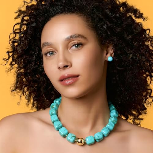 Chunky Necklaces for Women, Trendy Colorful Square Acrylic Resin Beads Statement Choker Necklace, Lightweight Boho Summer Beach Vacation Jewelry - color: Turquoise color