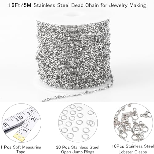 16 Ft Stainless Steel Bead Chain for Jewelry Making, 1.6 mm Thin Silver Ball Beaded Cable Link Chains Roll for DIY Necklace Bracelet Jewelry Making Supplies with Lobster Clasps Soft Tape Measure - color: Cross Bead Silver