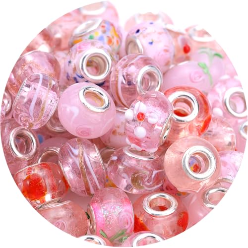 AIPRIDY 50Pcs 15x11mm Murano Large Hole Glass Beads with Silver Brass Cores European Beads for Jewelry Making (Warm Pink) - color: Warm Pink